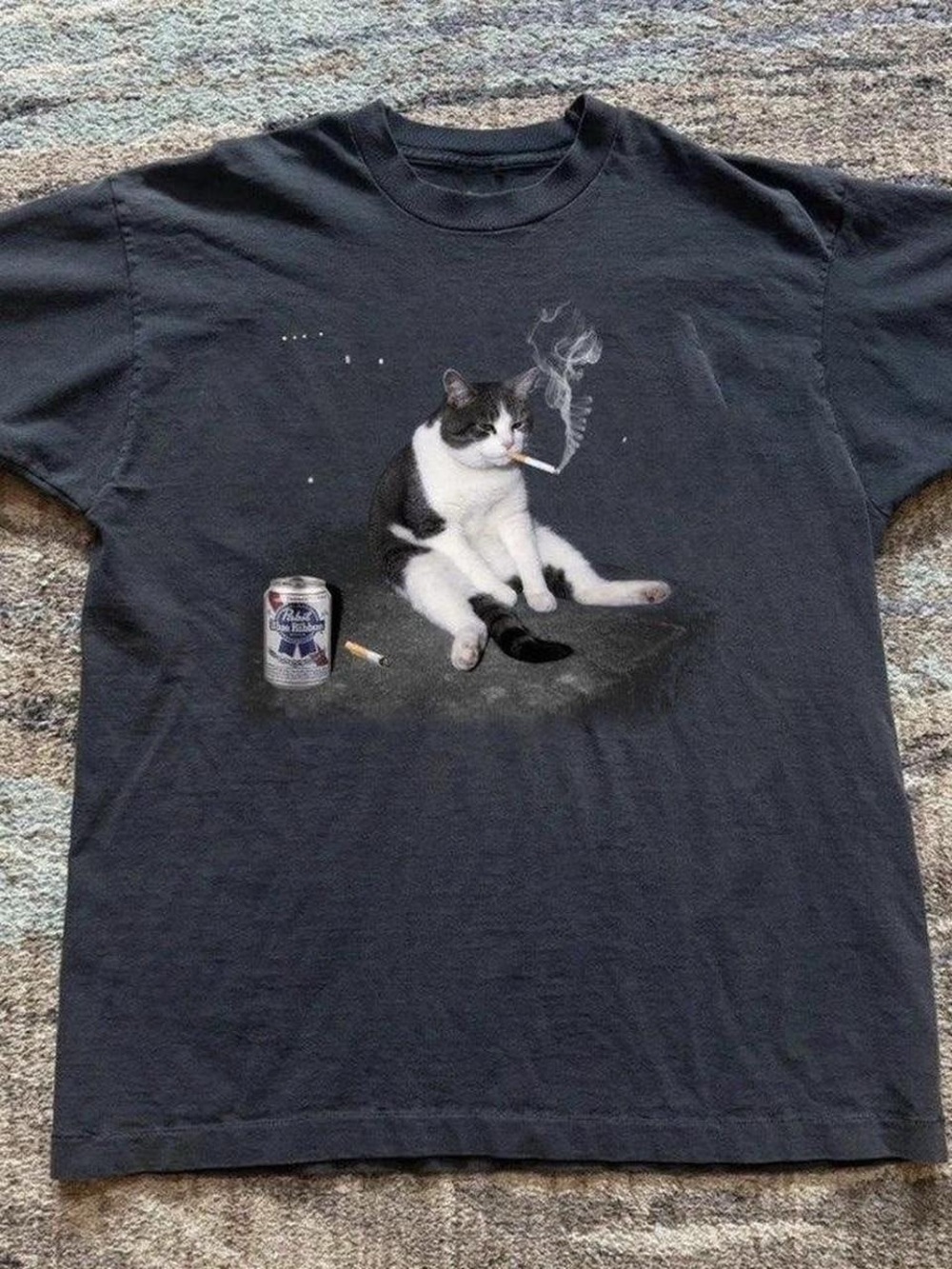 Gildan Black Graphic Tee with Smoking Cat and Beer Can